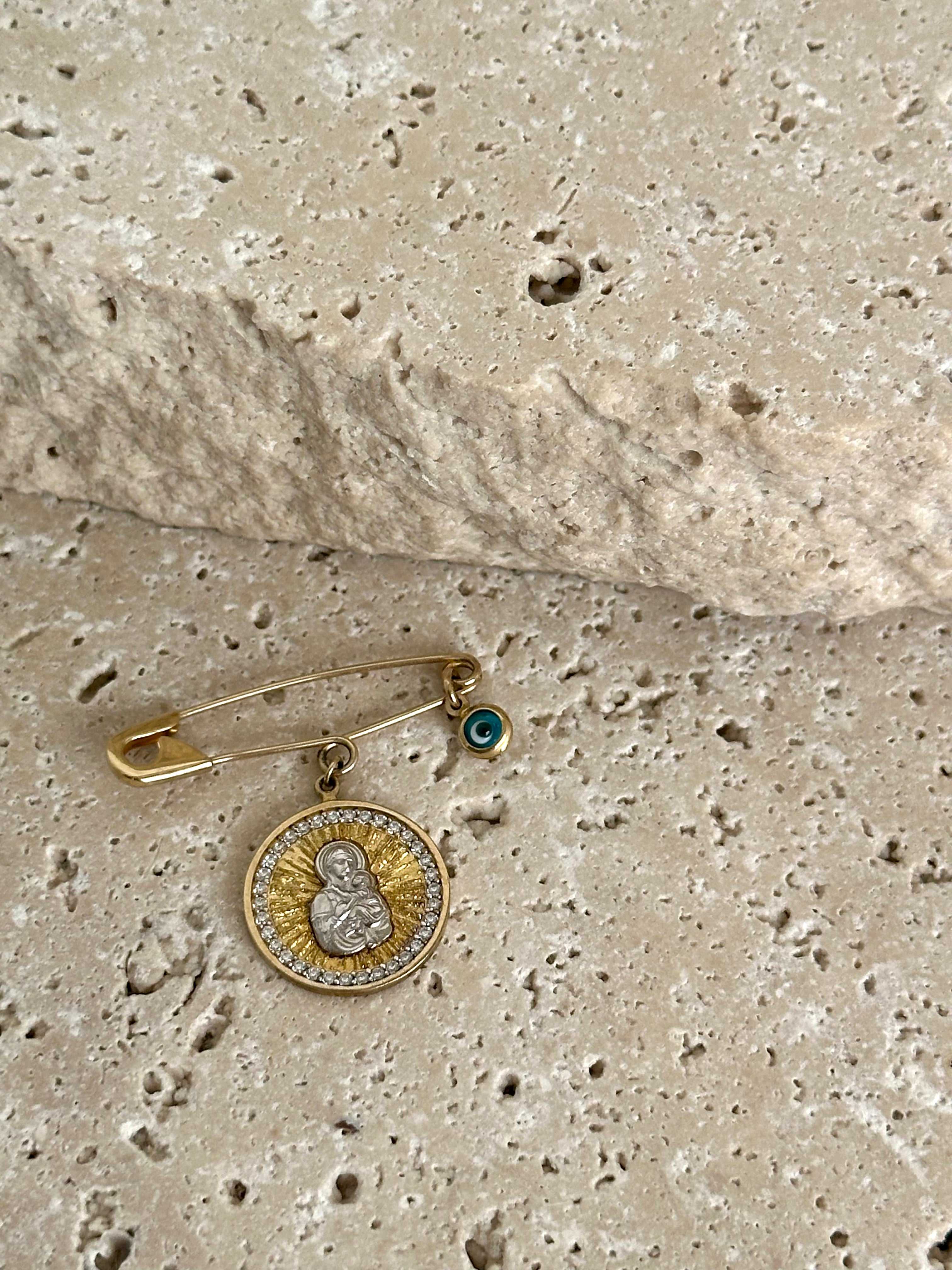 9ct Yellow Gold Baby Pin with Madonna Medallion & Evil Eye Charms