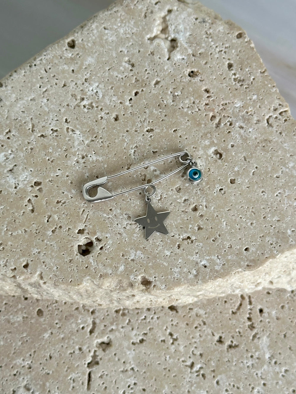 9ct White Gold Baby Pin with Evil Eye and Star Charms