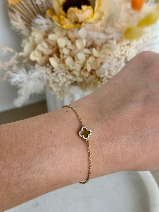 9ct Yellow Gold Tigers Eye Clover/Quatrefoil Bracelet