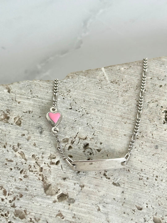 Sterling Silver Identity Bracelet with Pink Enamel Heart