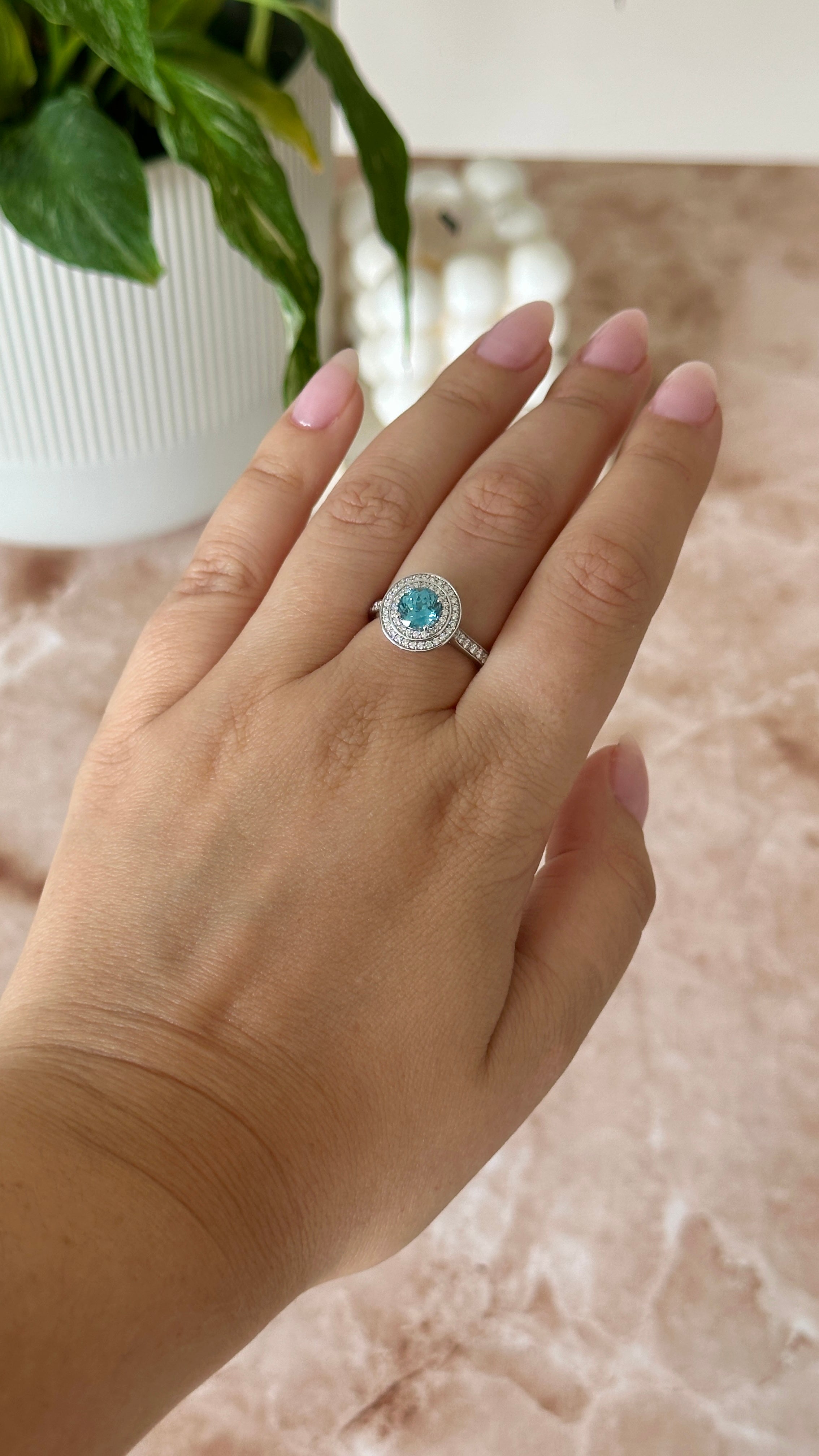 18ct White Gold Zircon & Diamond Double Halo Ring