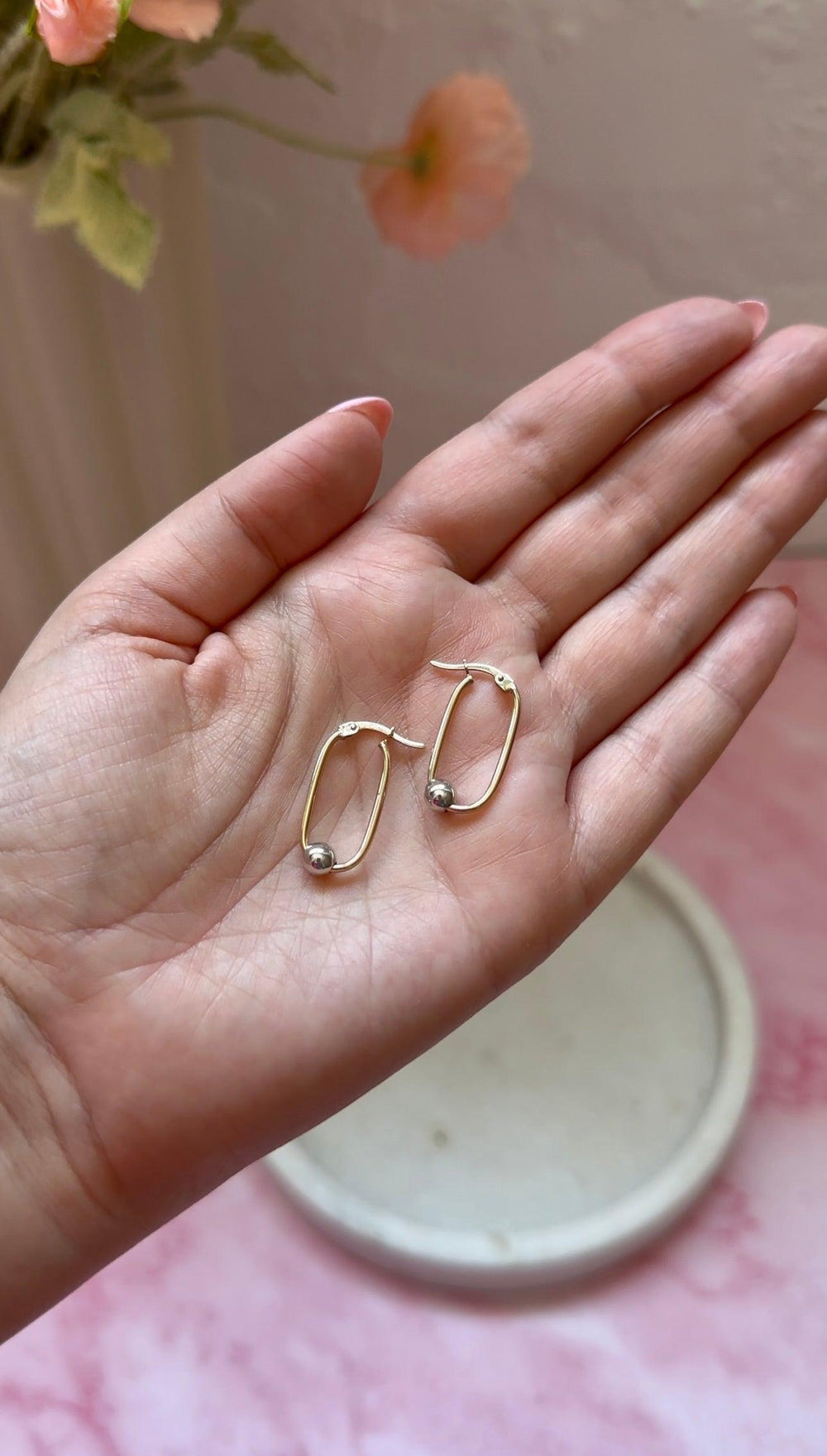 9ct Two-Tone Gold Oblong Hoop Earrings with Ball Accent