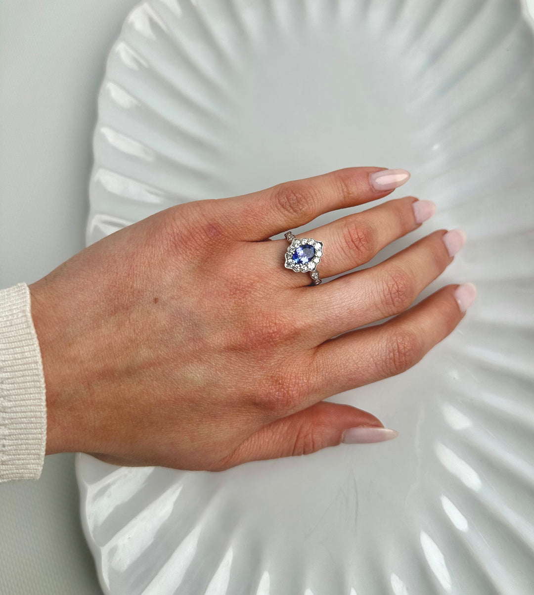 18ct White Gold Tanzanite and Diamond Halo Ring