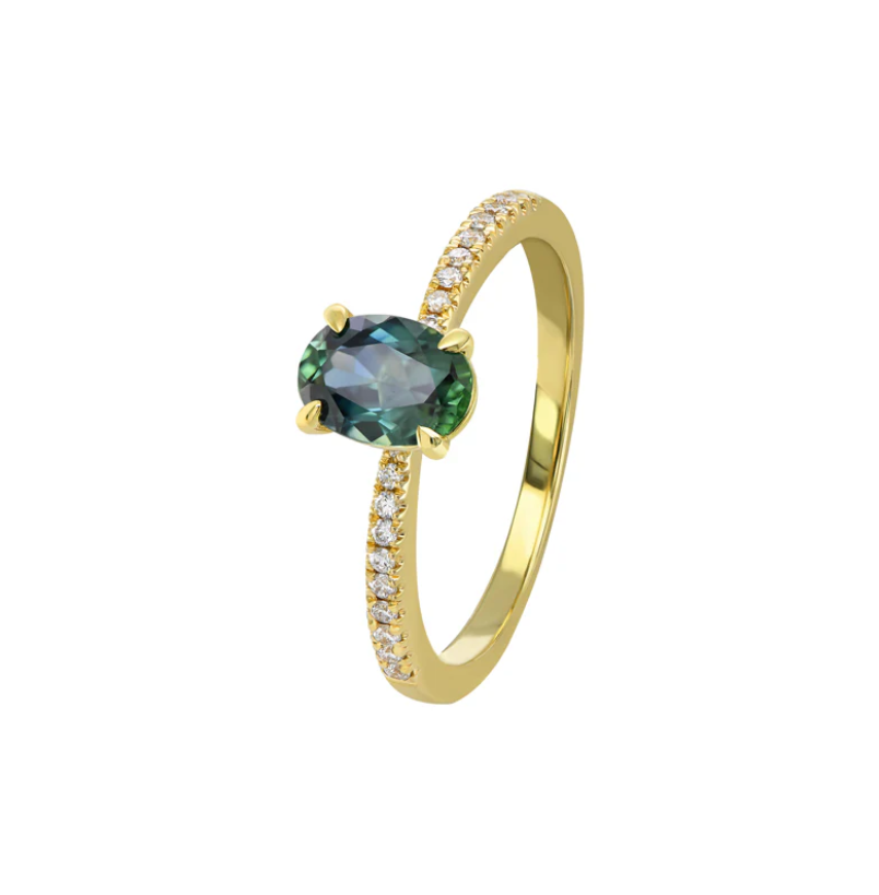 18ct Yellow Gold Australian Teal Sapphire and Diamond Ring