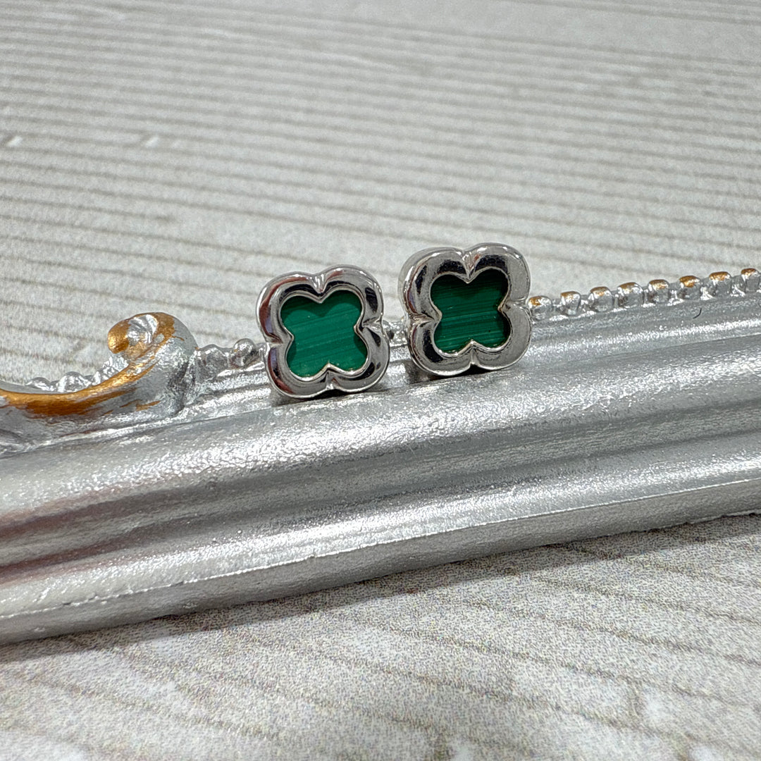 9ct White Gold Malachite Clover / Quatrefoil Studs (small)