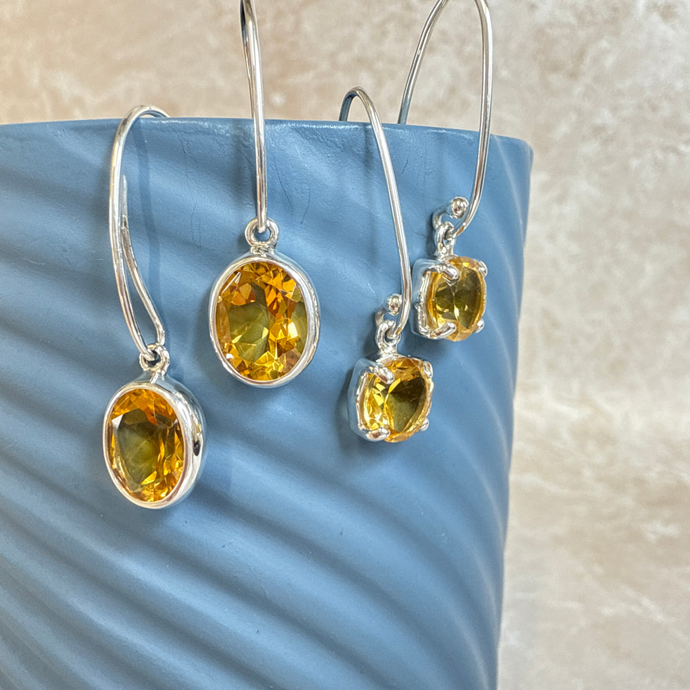 Sterling Silver Round Oval Citrine Drop Earrings