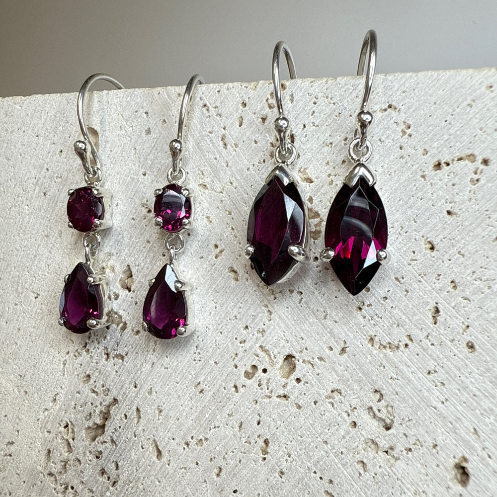 Sterling Silver Marquise Rhodolite Garnet Drop Earrings