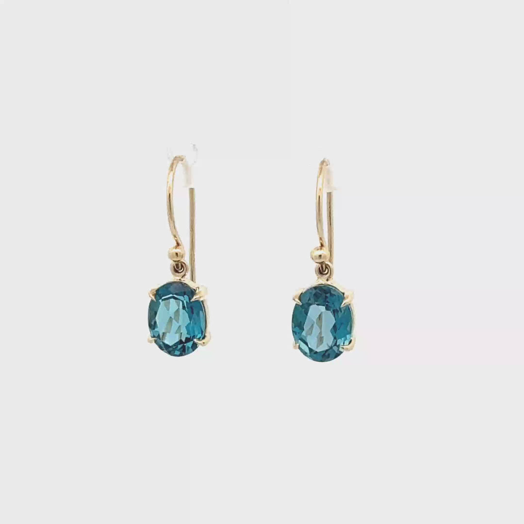 9ct Yellow Gold Oval-Cut London Blue Topaz Drop Earrings