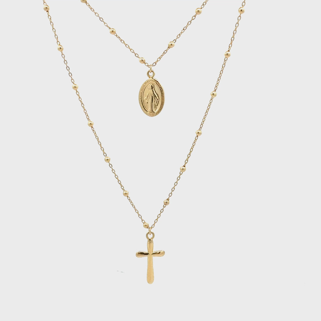 9ct Yellow Gold Double-Strand Necklace with Cross & Madonna Medallion (Rosary Inspired)