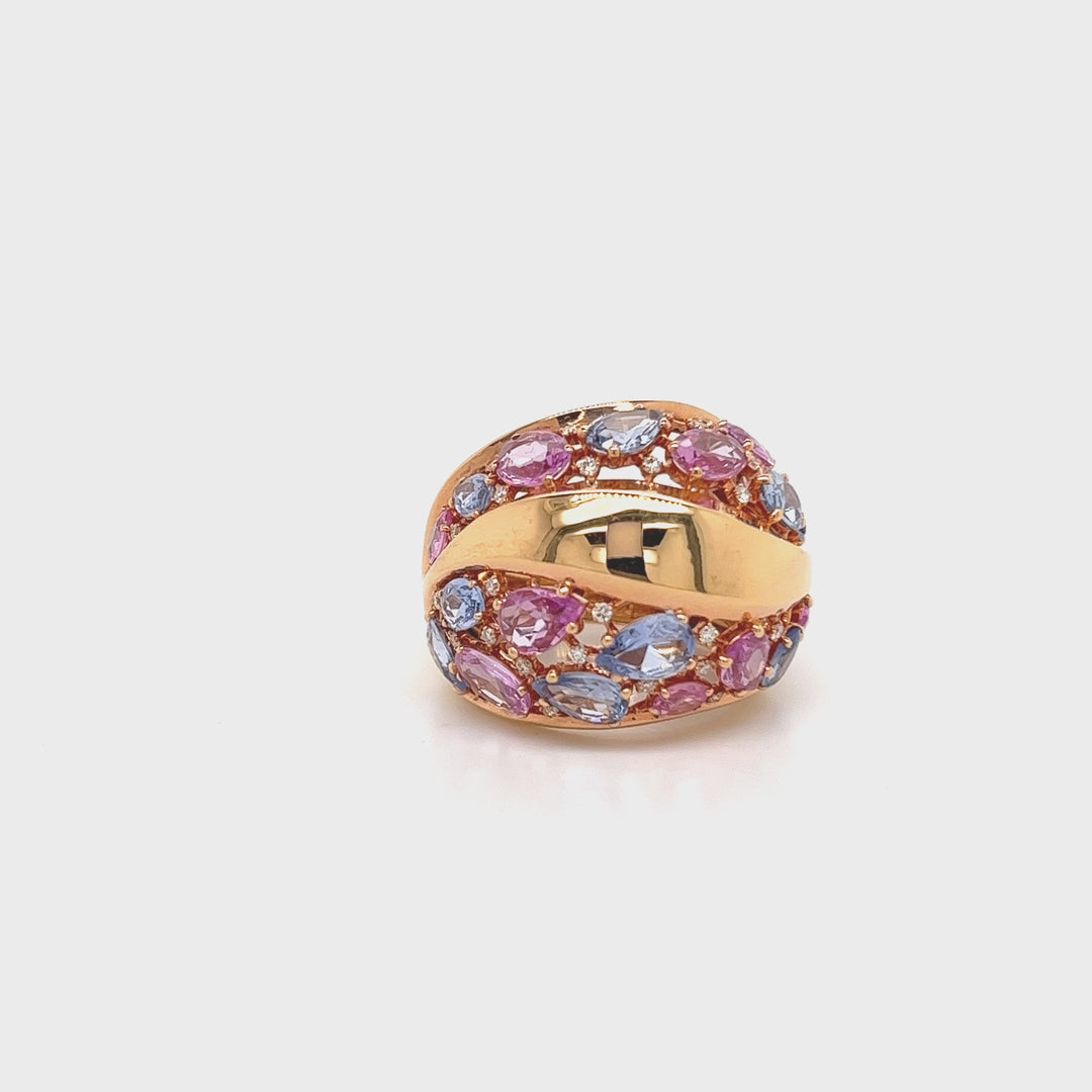 18ct Rose Gold Domed Multi Coloured Sapphire and Diamond Ring